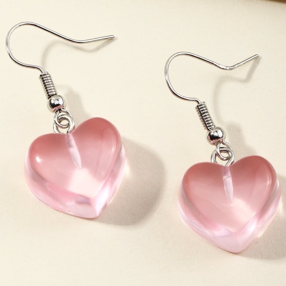 Boho Heart Drop Dangle Pink Lucite Earrings - Picture 2 of 5